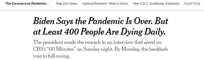 美国总统拜登宣布新冠疫情结束，但美国每天仍有至少400人死于疫情。图片来源：《纽约时报》报道截图