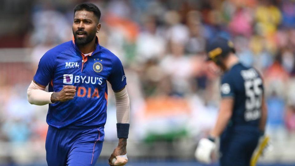 India bowler Hardik Pandya celebrates after taking the catch off his own bowling to dismiss England batsman Ben Stokes during the 3rd Royal London Series One Day International match between England and India at Emirates Old Trafford on July 17, 2022 in Manchester, England.