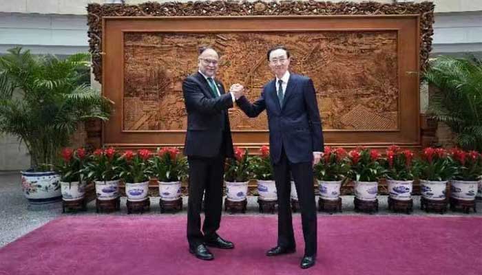 Minister for Planning, Development and Special Initiatives Ahsan Iqbal meets Chinese Vice Foreign Minister Sun Weidong in Beijing on April 4, 2023. — APP