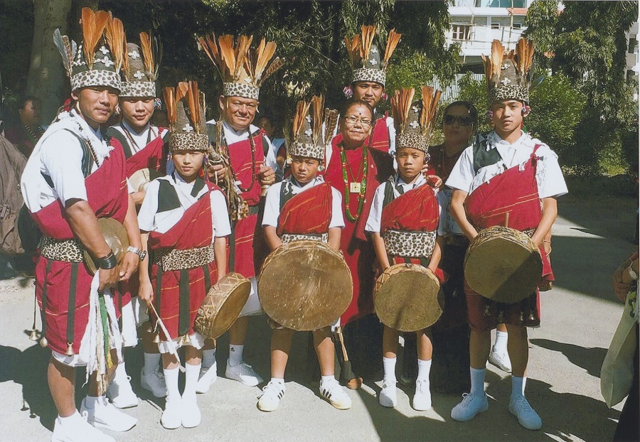 Pachyu Gurung is seen with his first batch of young students who learned ancient knowledge to become a Pachyu. Photo-LB Thapa