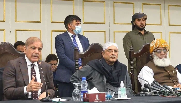 Prime Minister Shehbaz Sharif (from left), Pakistan Poeples Party Co-chairperson Asif Ali Zardari and Pakistan Democratic Movement President Maulana Fazlur Rehman. — AFP/File