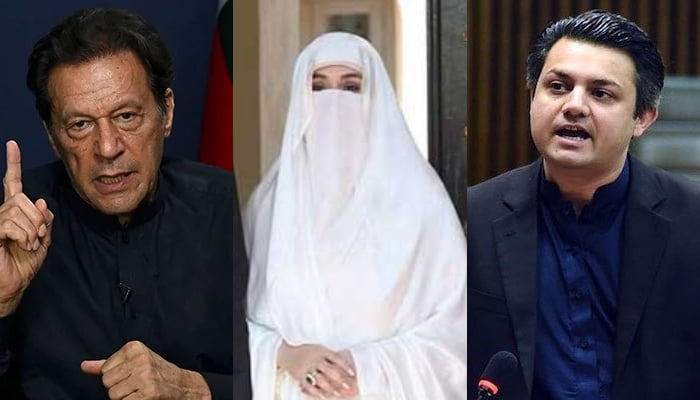 Former prime minister Imran Khan (left), former first lady Bushra Bibi and PTI leader Hammad Azhar. — AFP/Twitter/APP/Files