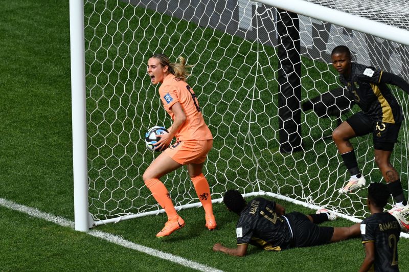 The Netherlands' Jill Roord celebrates scoring their first goal against South Africa during the match at Sydney Football Stadium in Australia on August 6. Netherlands won 2-0 and will advance to the quarter-finals.