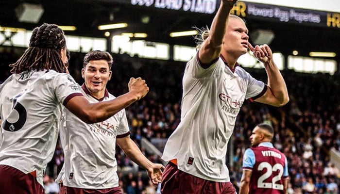 Manchester Citys star striker, Erling Haaland celebrating his second goal against Burnley. Twitter