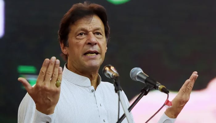 Pakistan Tehreek-e-Insaf Chairman Imran Khan while speaking during a public gathering. — AFP/File