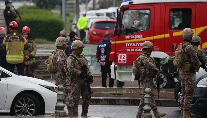 Members of Turkish Police Special Forces secure the area near the Interior Ministry following a bomb attack in Ankara, on October 1, 2023. — AFP