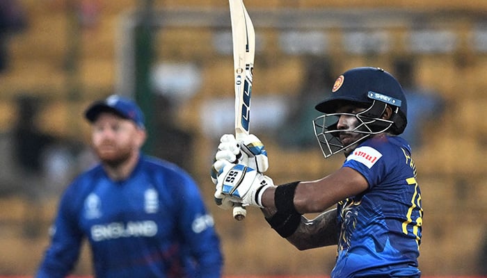 Sri Lankas Pathum Nissanka plays a shot during the 2023 ICC Men´s Cricket World Cup one-day international (ODI) match between England and Sri Lanka at the M. Chinnaswamy Stadium in Bengaluru on October 26, 2023. — AFP