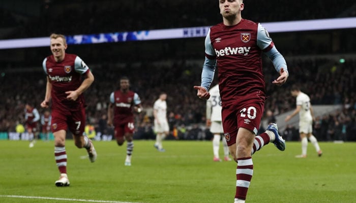 Jarrod Bowen celebrates his goal for West Ham against Tottenham on Dec 7, 2023. — AFP