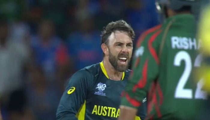 Australias bowler Glenn Maxwell dismisses Rishad Hossain. — x/ESPNcricinfo