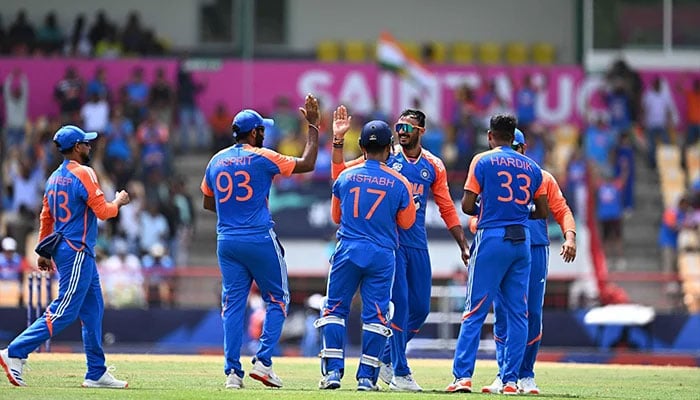 Indian players celebrate after dismissing Australias Marcus Stoinis during the T20 World Cup 2024 Super Eight match against Australia at Daren Sammy National Cricket Stadium, Gros Islet, June 24, 2024. — AFP