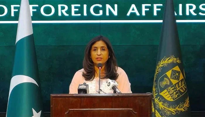 Foreign Office spokesperson Mumtaz Zahra Baloch briefing the press in Islamabad on May 18, 2023. — Screengrab via Ministry of Foreign Affairs Islamabad