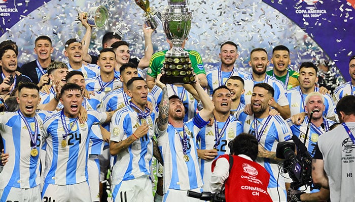 Argentina forward Lionel Messi (10) and teammates celebrate after winning the Copa America final against Colombia at Hard Rock Stadium in Miami, Florida, US on July 14, 2024. — Reuters