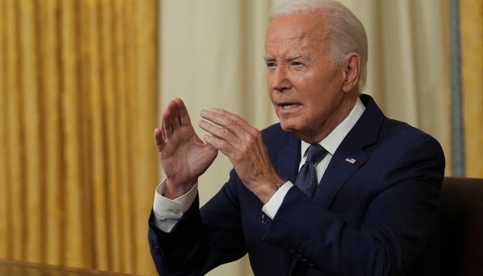 US President Joe Biden delivers an address to the nation from the Oval Office of the White House in Washington on July 14, 2024. —Reuters