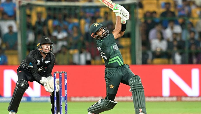 Pakistans Babar Azam in action as he hits six runs at the M. Chinnaswamy Stadium, Bengaluru, India on November 4, 2023.— Reuters