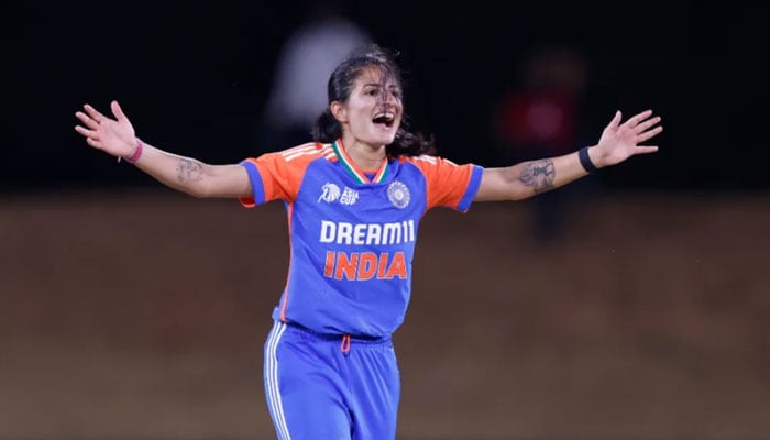 Renuka Singh belts out an appeal on her way to figures of 4-0-14-2 during Indias match against Pakistan. — ACC